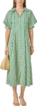 English Factory Gingham Puff Sleeve Midi Shirtdress
