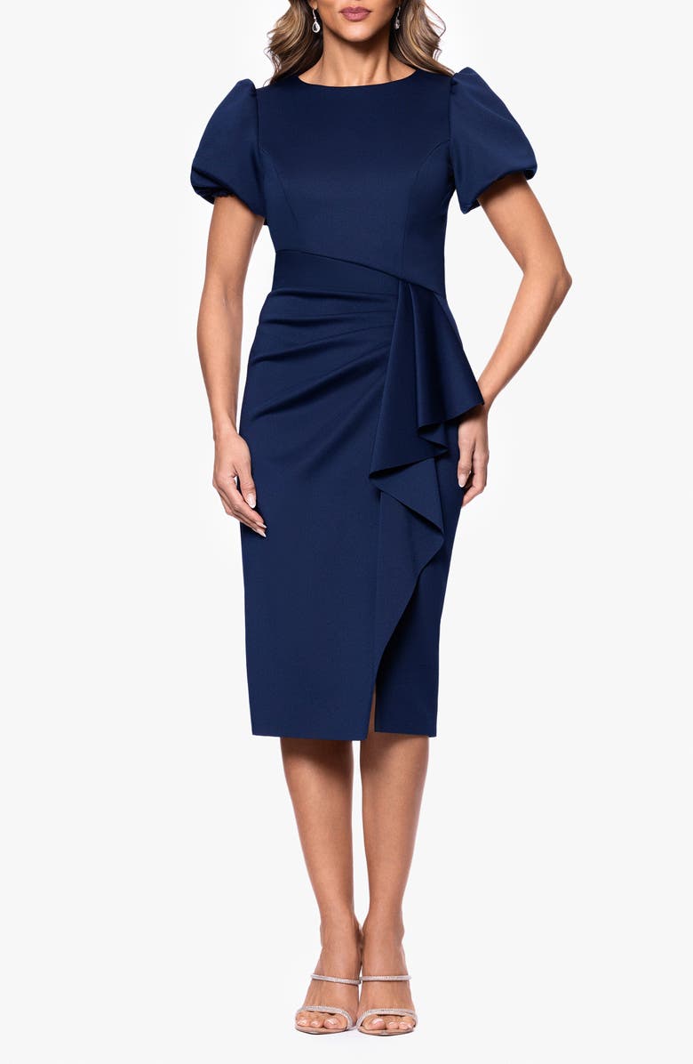 Xscape Evenings Puff Sleeve Sheath Cocktail Dress, Main, color, Midnight