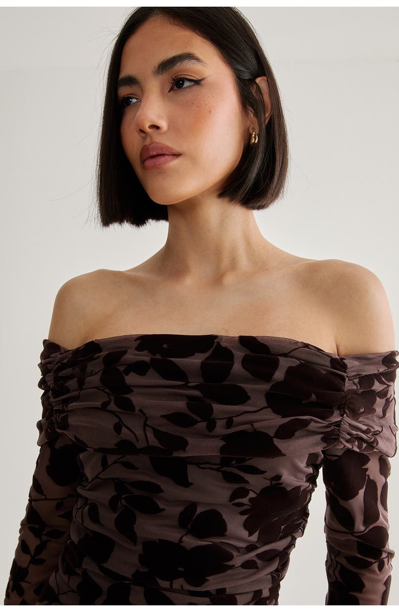 NASTY GAL Floral Devore Ruched Mini Dress, Alternate, color, Chocolate