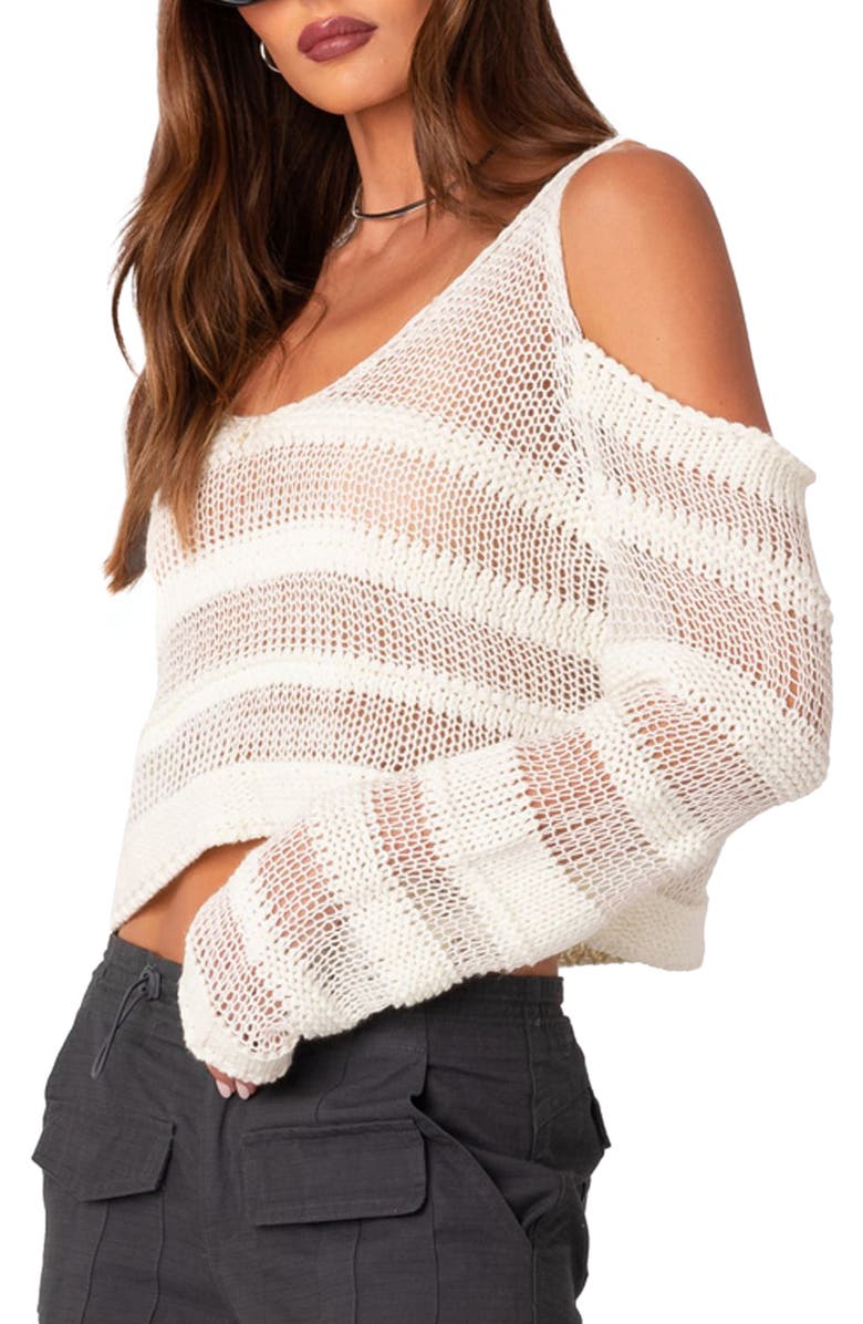 EDIKTED Open Stitch Cold Shoulder Cotton Sweater, Alternate, color, White