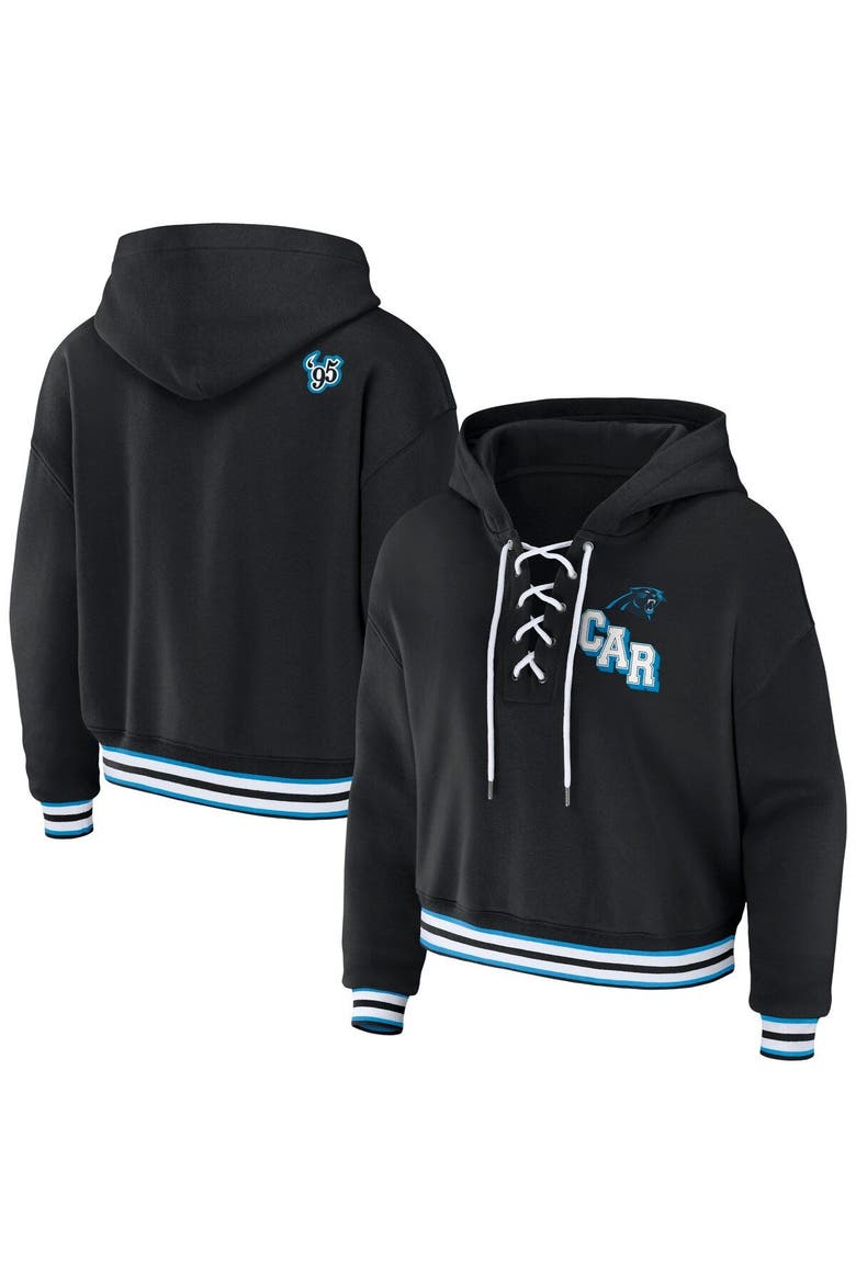Women's WEAR by Erin Andrews Black Carolina Panthers Lace-Up Pullover Hoodie, Main, color, Black