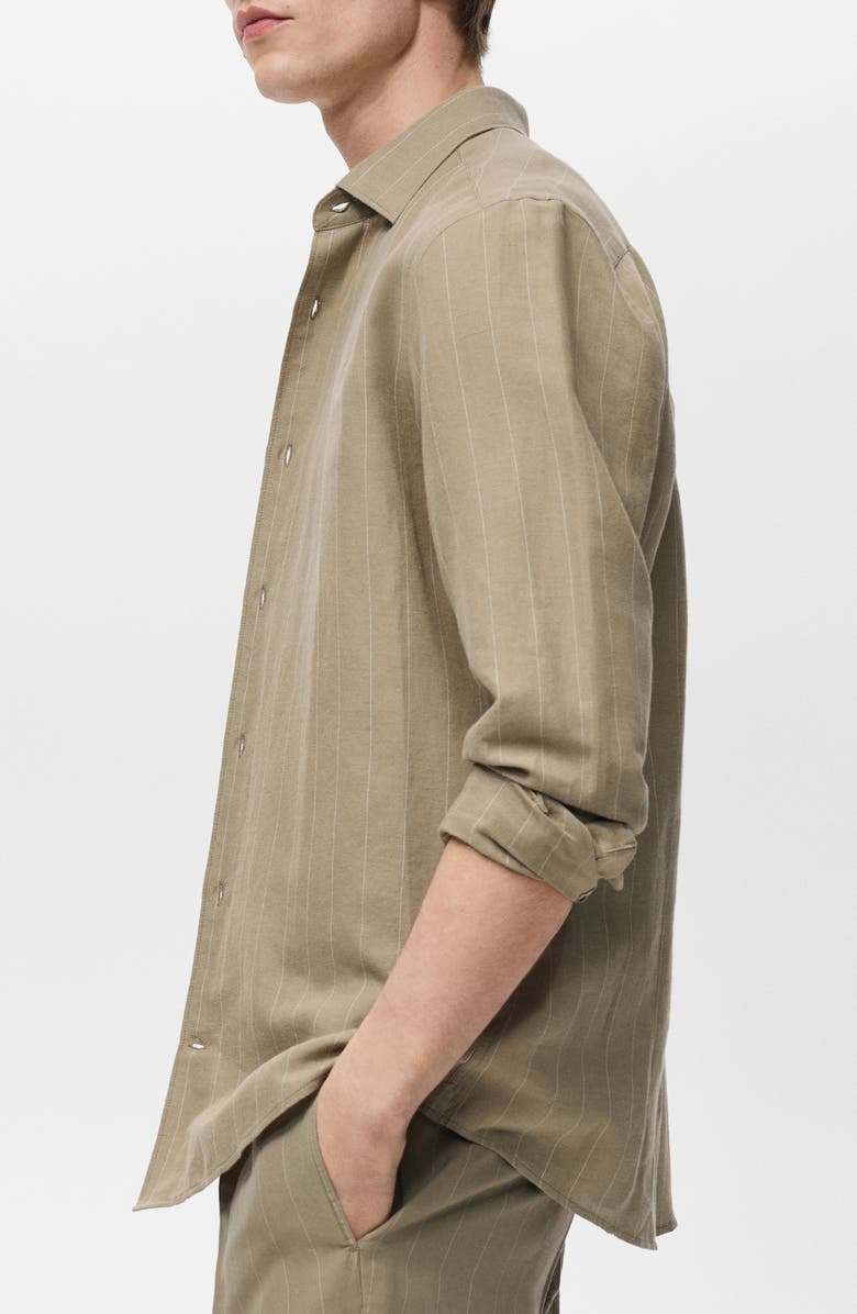 MANGO Regular Fit Stripe Linen & Cotton Button-Up Shirt, Alternate, color, Khaki