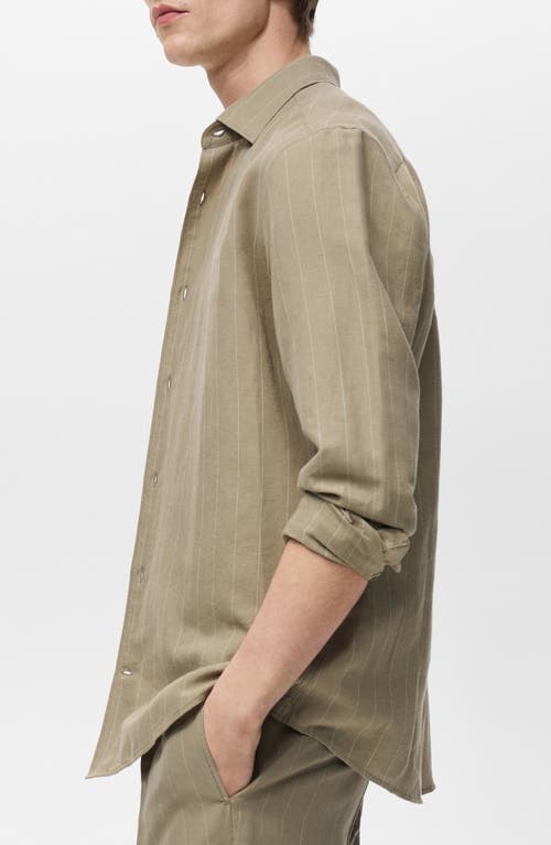 Mango Regular Fit Stripe Linen & Cotton Button-up Shirt In Khaki