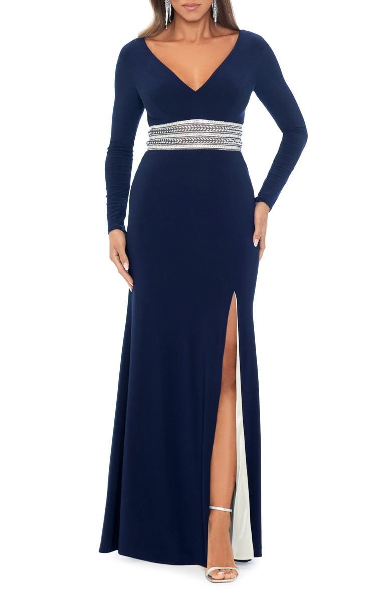 Xscape Evenings Embellished Long Sleeve Gown, Main, color,