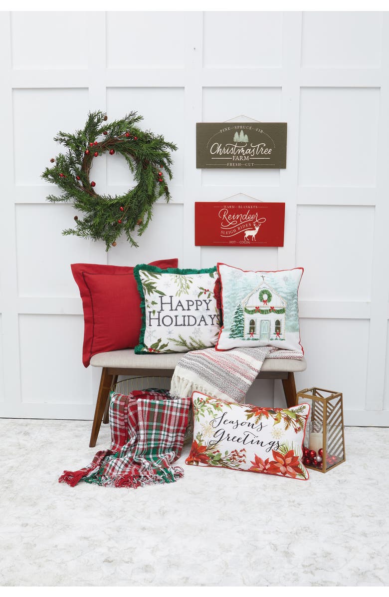 C&F Home Seasons Greetings Poinsettia Printed and Embroidered Christmas Throw Pillow, 14" x 22", Alternate, color, White