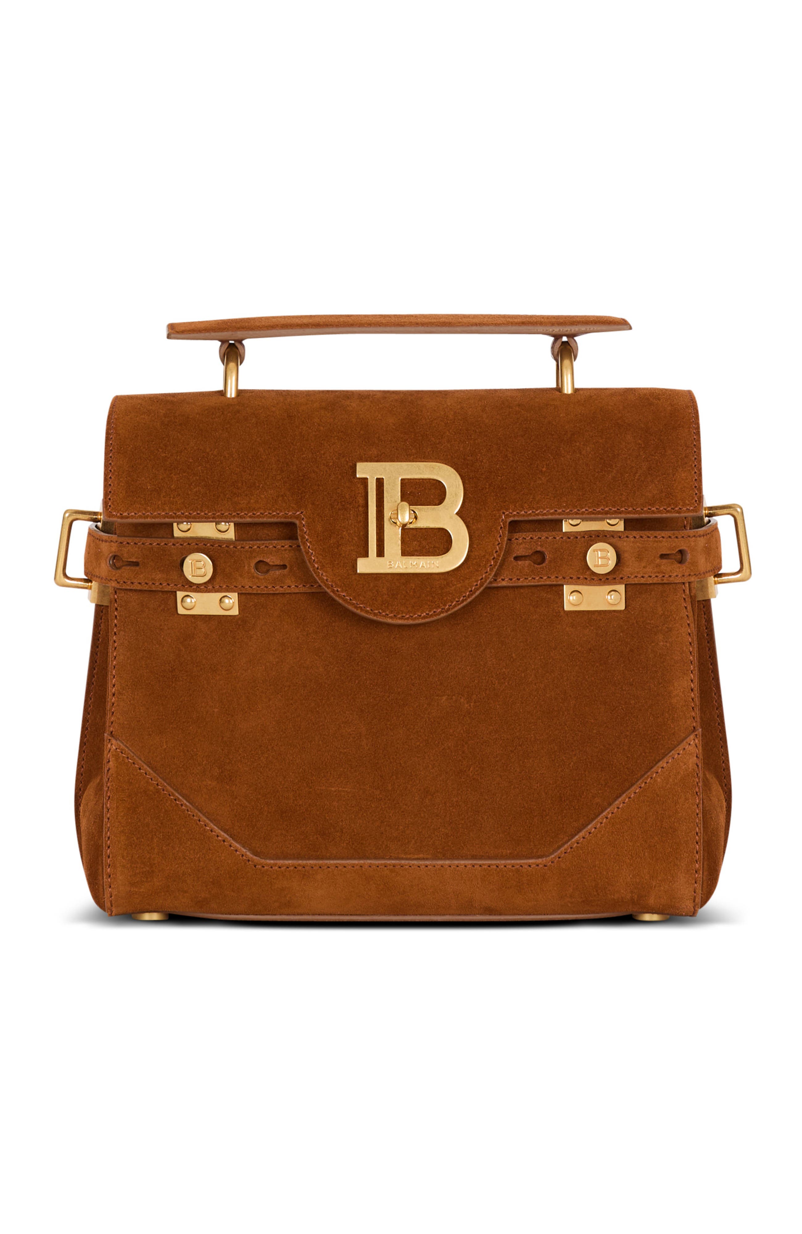 Balmain Suede B-Buzz 23 bag, Main, color, Brown