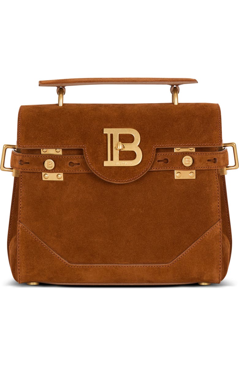 Balmain Suede B-Buzz 23 bag, Main, color, Brown
