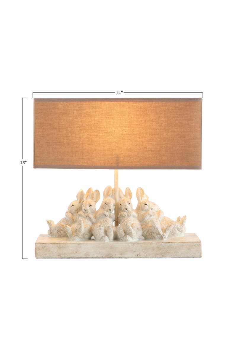 Resin Rabbit Table Lamp with Rectangle Linen Shade, White and Sand, Alternate, color, White
