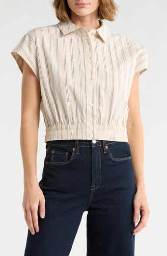 Current/Elliott Stripe Cap Sleeve Crop Button-Up Shirt