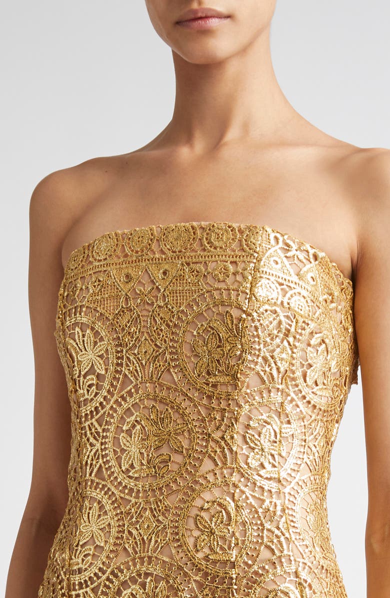Emilia Wickstead Leila Metallic Guipure Lace Strapless Cocktail Dress, Alternate, color, Gold