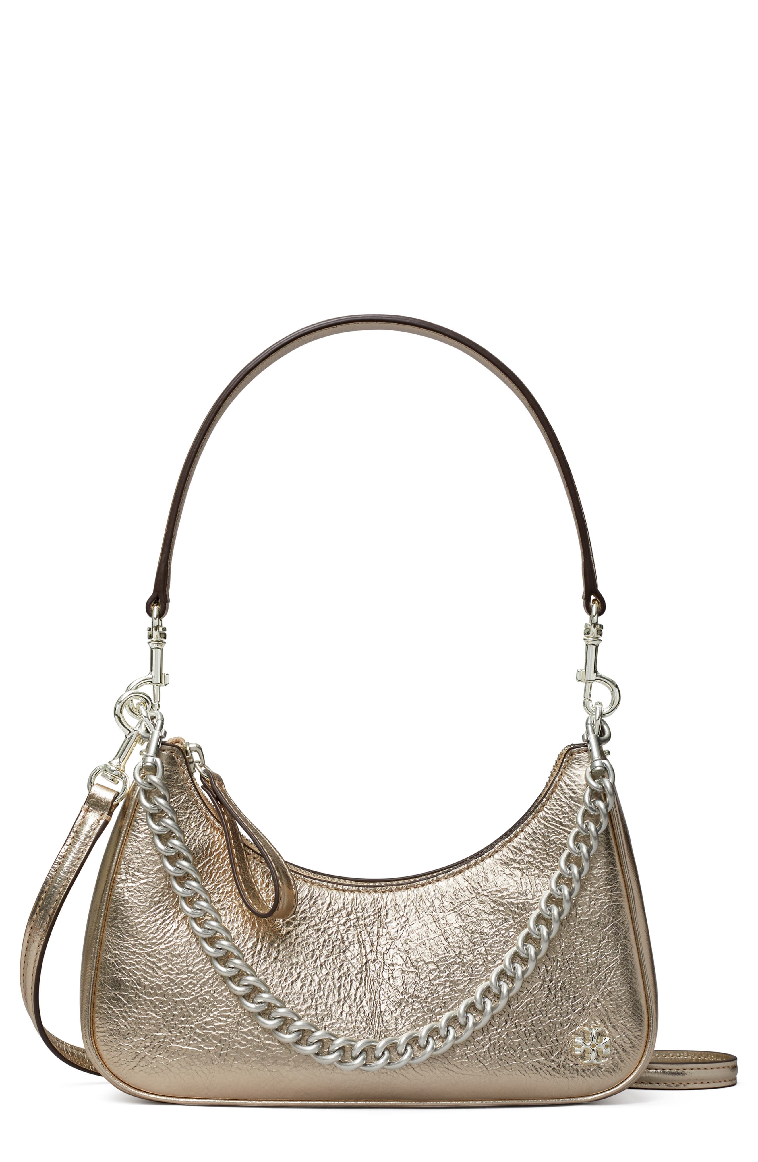 Tory Burch 151 Mercer Metallic Small Crescent Bag, Main, color, 