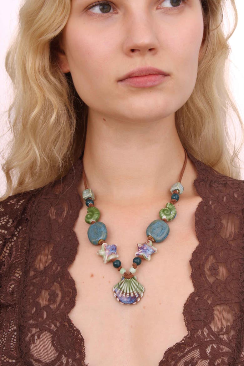 Ceramic Seashell Suede Cord Necklace, Alternate, color, Green