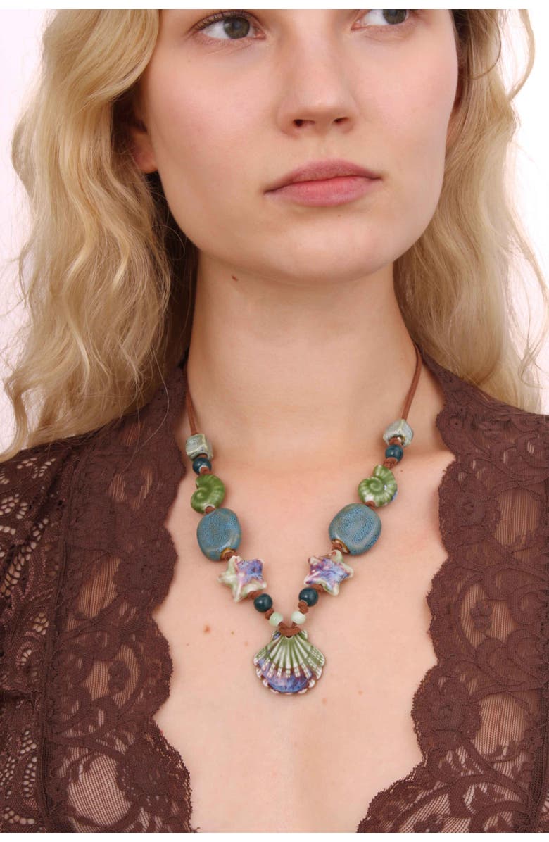 Velvet Luna Ceramic Seashell Suede Cord Necklace, Alternate, color, Green