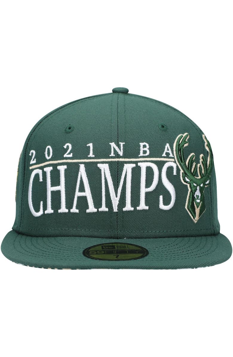 New Era Men's New Era Hunter Green Milwaukee Bucks 2021 NBA Champs Retro Pop Undervisor 59FIFTY Fitted Hat, Alternate, color,