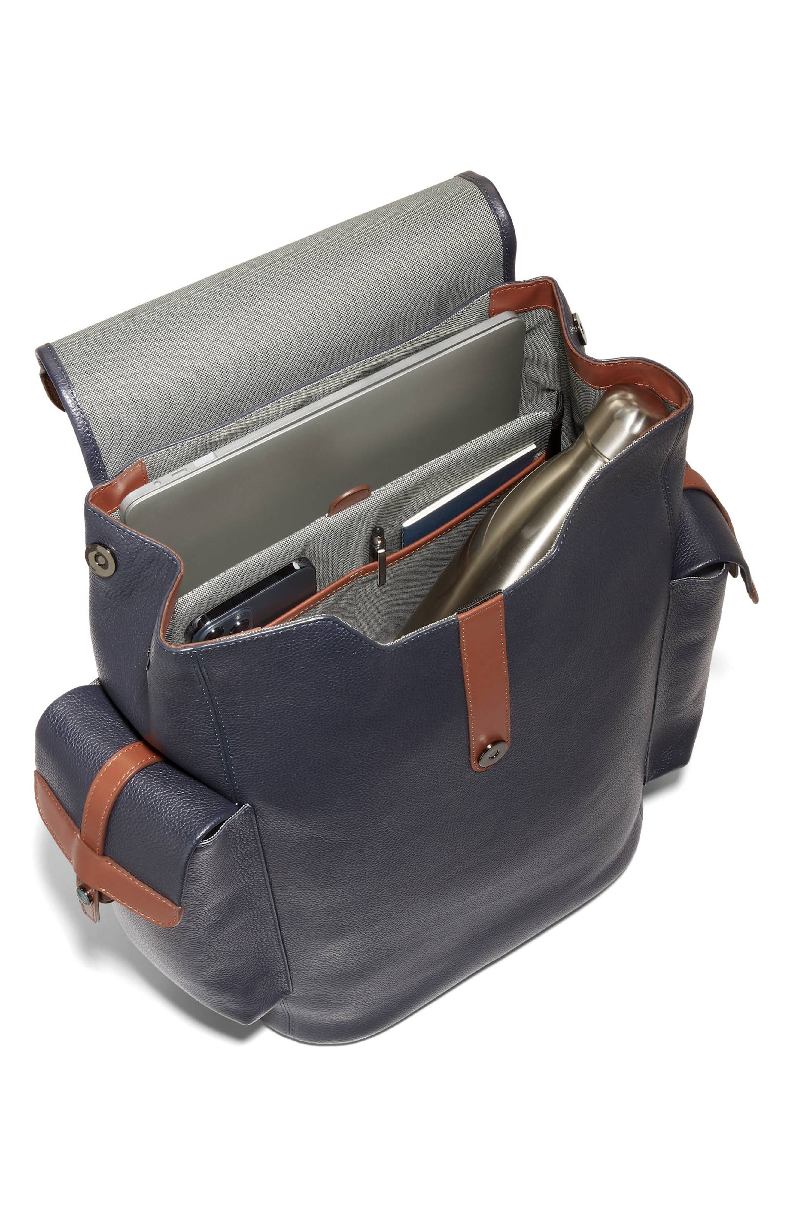 Cole Haan Triboro Leather Backpack, Alternate, color, Navy/ New British Tan