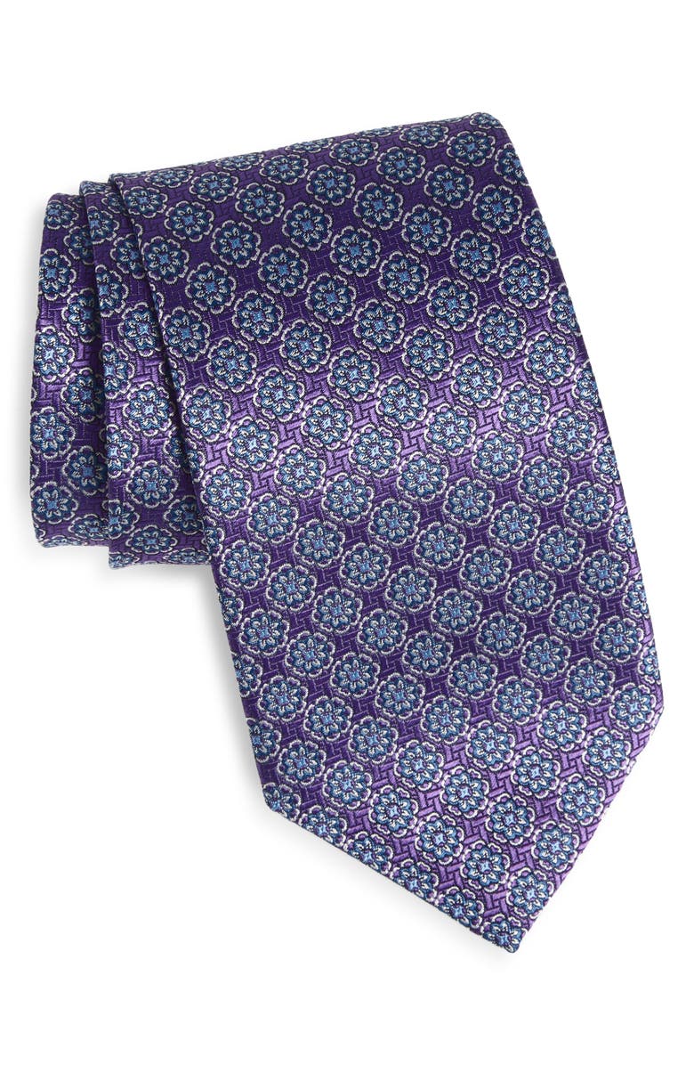 David Donahue Floral Medallion Silk Tie, Main, color, Purple