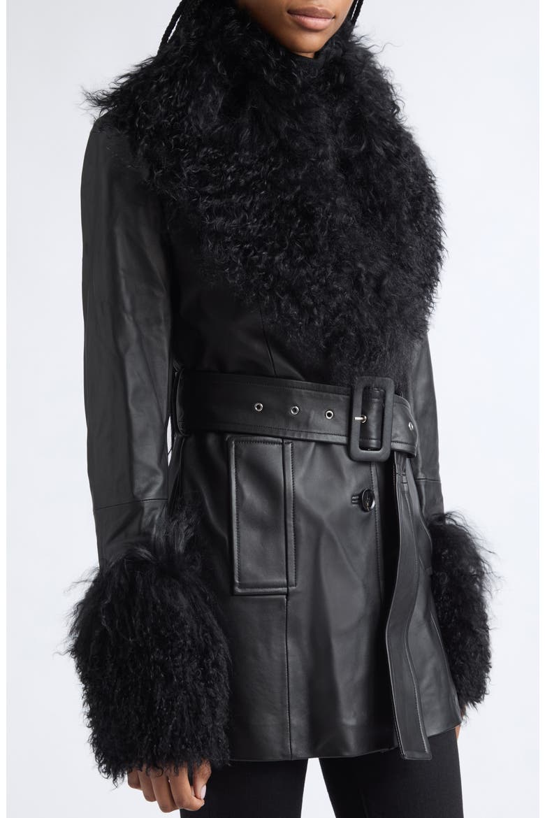 Mimmi Leather Jacket with Genuine Mongolian Shearling Trim, Alternate, color, BLACK