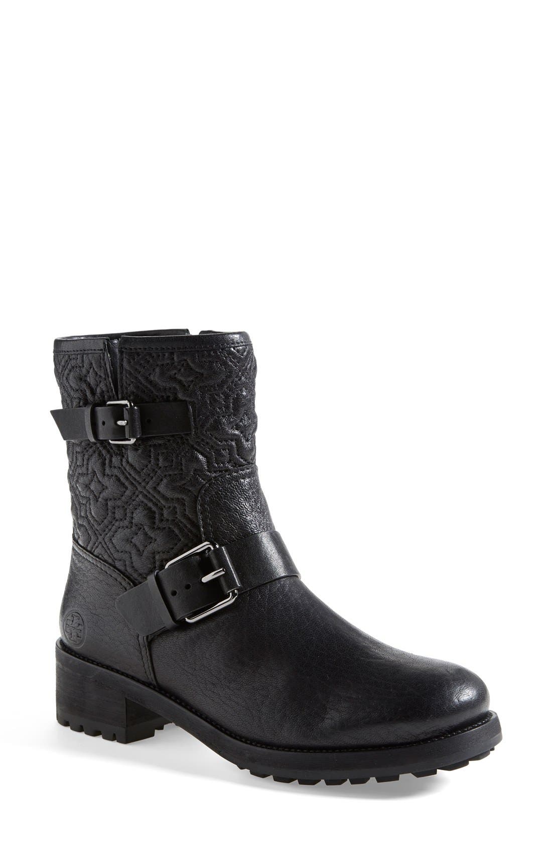 'Chrystie' Quilted Moto Boot, Main, color, BLACK