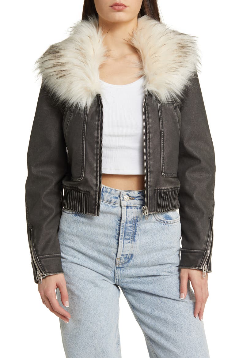 Faux Fur Collar Faux Leather Bomber Jacket, Main, color, MOONLIGHT