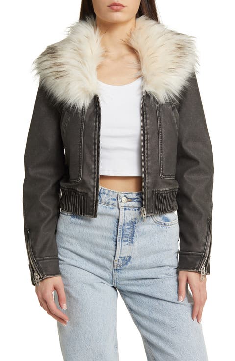 Faux Fur Collar Faux Leather Bomber Jacket