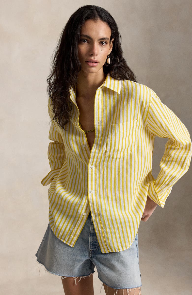 Polo Ralph Lauren Oversize Button-Up Stripe Shirt, Alternate, color, White-Yellow