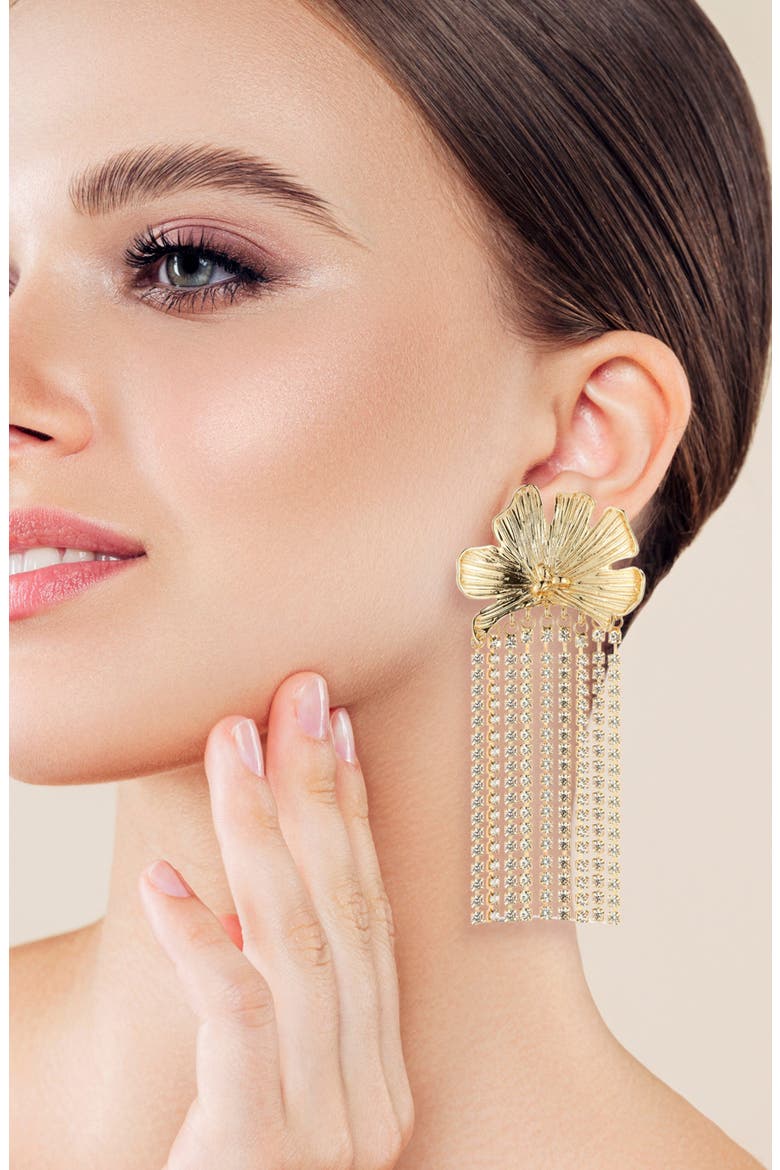 CZ Flower Drop Earrings, Alternate, color, GOLD