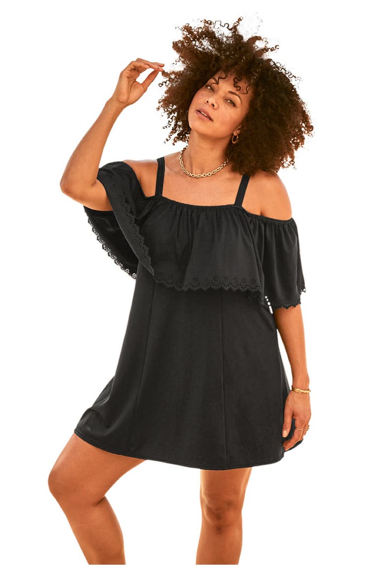 Laser-Cut Off-The-Shoulder Swim Dress, Main, color, BLACK