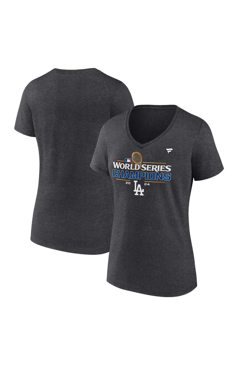 FANATICS Women's Fanatics Heather Charcoal Los Angeles Dodgers 2024 World Series Champions Locker Room V-Neck T-Shirt, Main, color, 