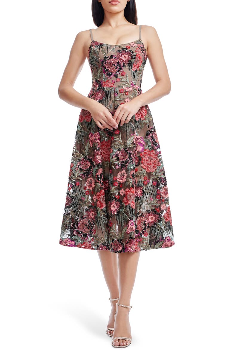 Dress the Population Uma Sequin Floral Cocktail Dress, Main, color, Rouge Multi