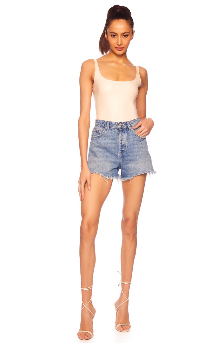 Susana Monaco Faux Leather Low Back Bodysuit, Alternate, color, Blanched Almond