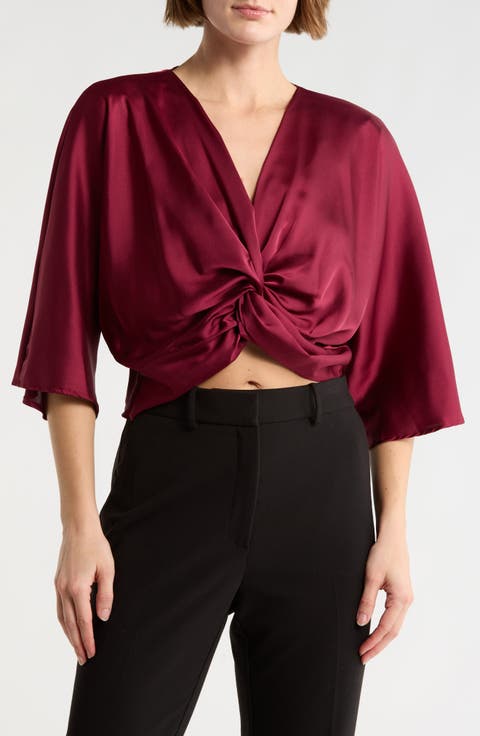 Plunge Neck Long Sleeve Twisted Knot Satin Top