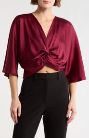 Renee C Plunge Neck Long Sleeve Twisted Knot Satin Top