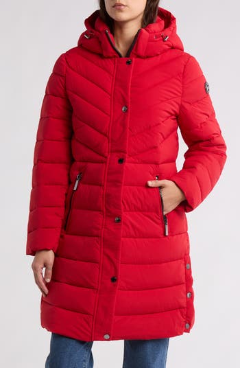 Red longline puffer jacket online