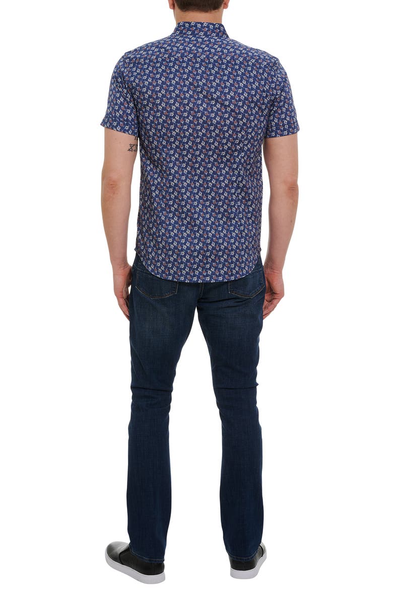 Floras Floral Print Short Sleeve Button-Up Shirt, Alternate, color, NAVY