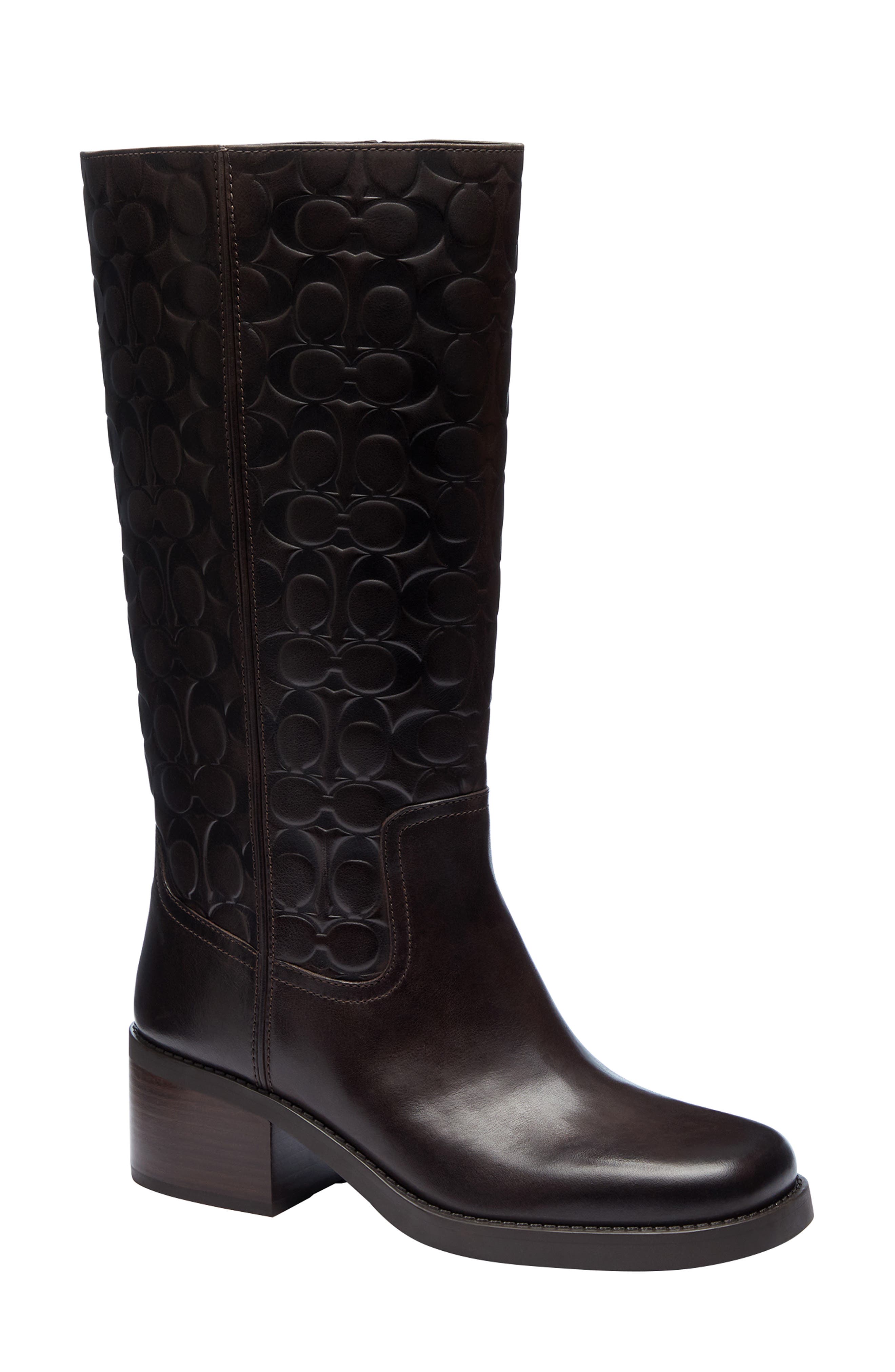 Signature Embossed Leather Knee High Boot, Main, color, CHOCOLATE