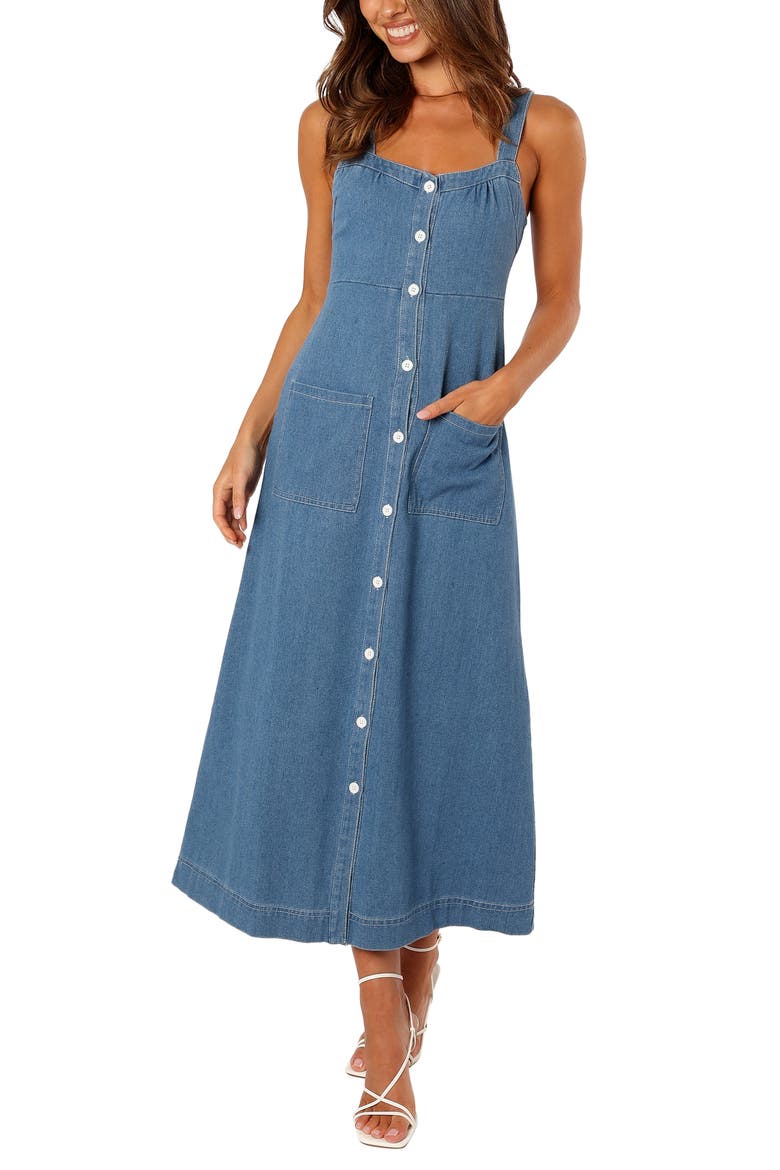 Bettie Button Front Midi Dress, Main, color, DENIM