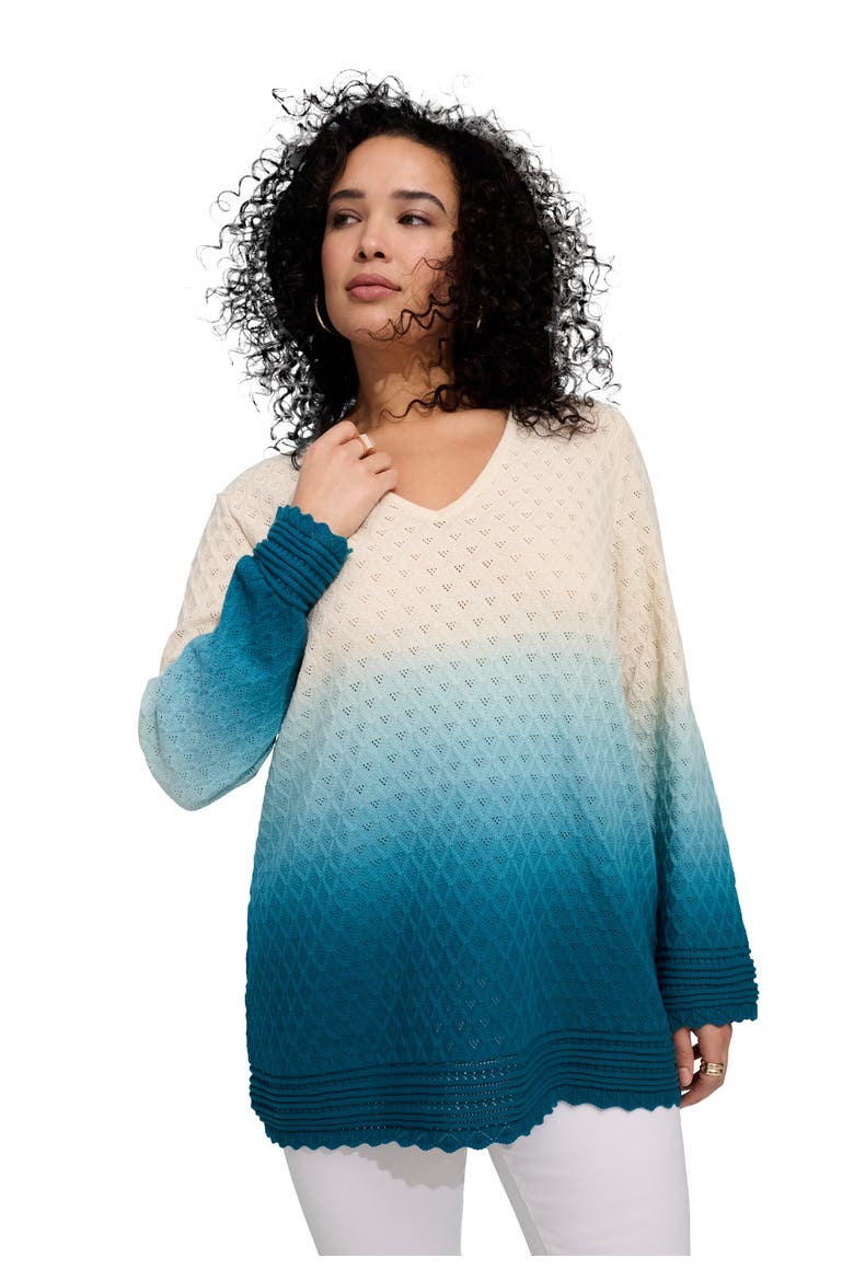 Plus Size Cotton Openwork Ombre V Neck Pullover Sweater, Main, color, DEEP TEAL OMBRE