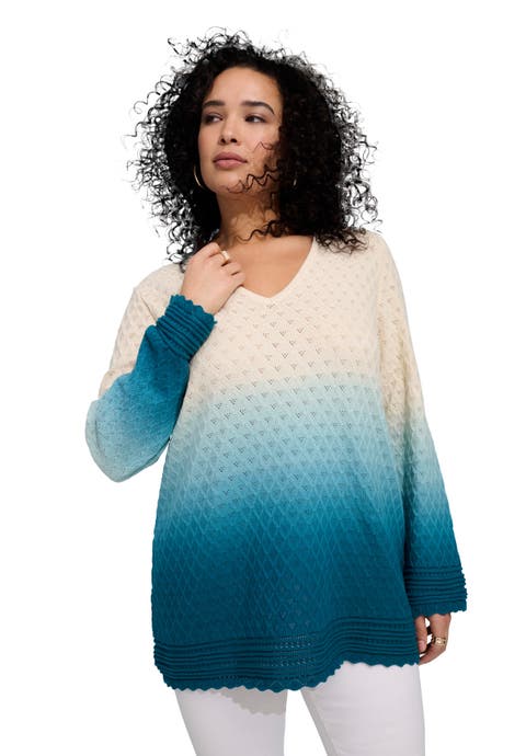 Plus Size Cotton Openwork Ombre V Neck Pullover Sweater