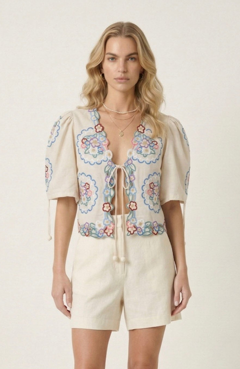 Floral Embroidered Tie Front Cropped Top
