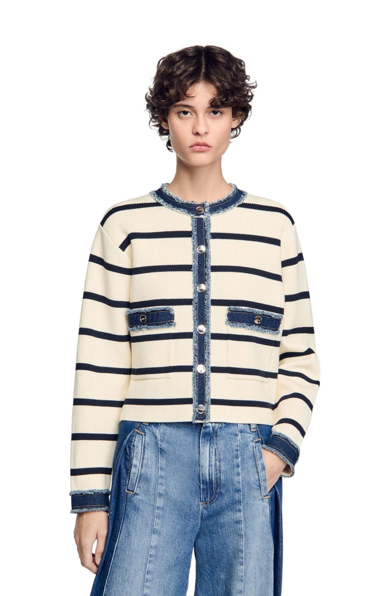 SANDRO Stripy cardigan with denim details, Alternate, color, 