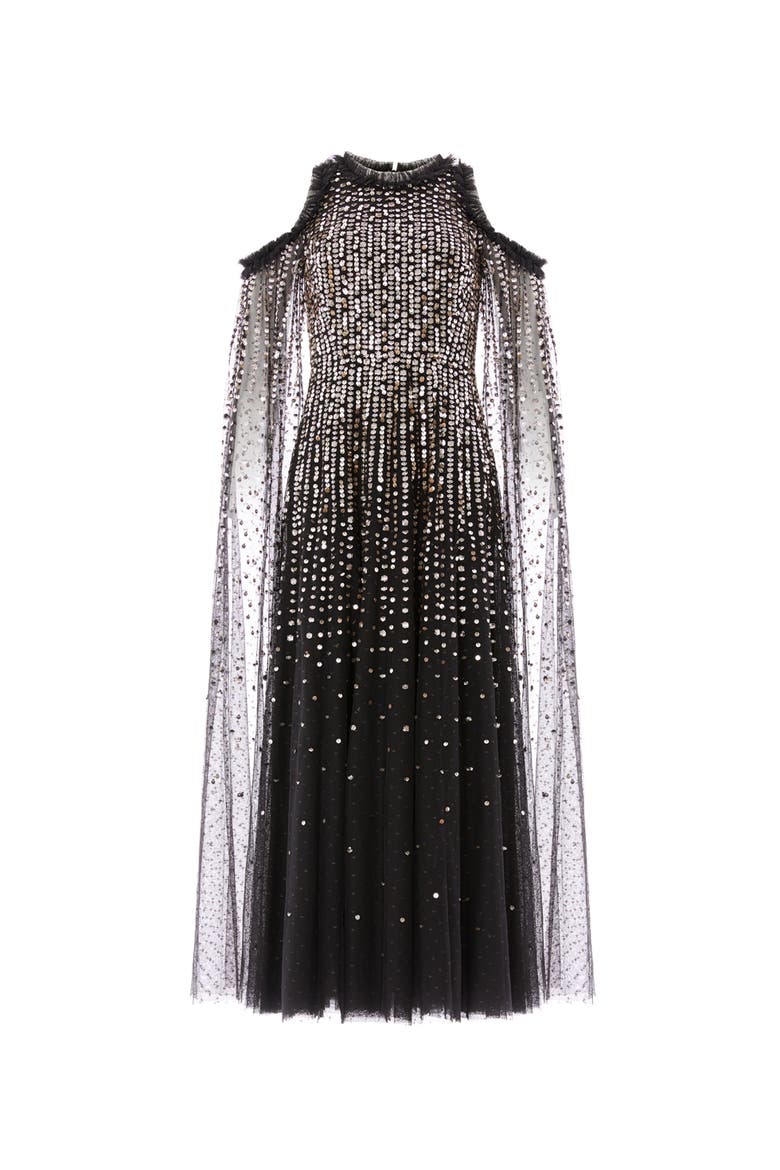 Moonlight Sequin Cape Sleeve Ankle Gown, Alternate, color, Graphite/Metallic