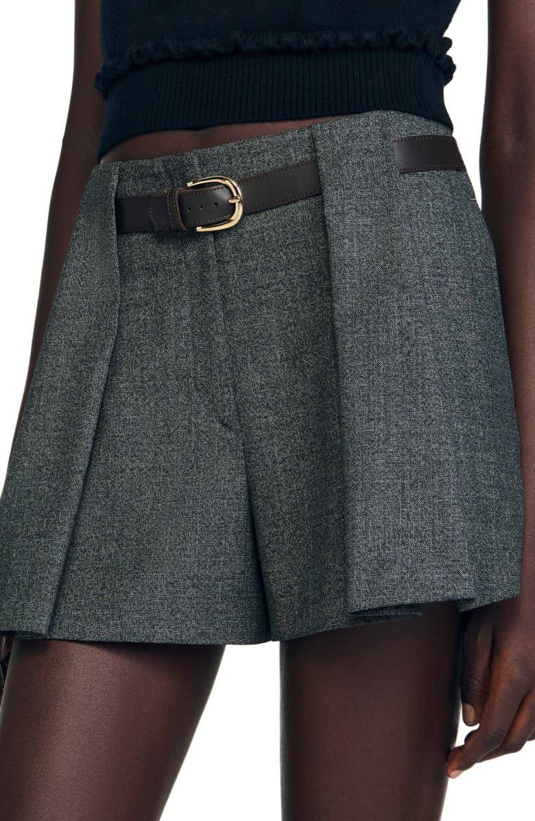 SANDRO Pleated shorts with belt, Alternate, color, Light Grey