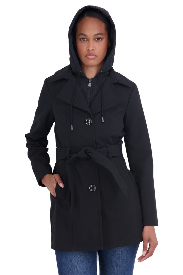 Softshell Trench Coat with Hooded Bib, Alternate, color, BLACK