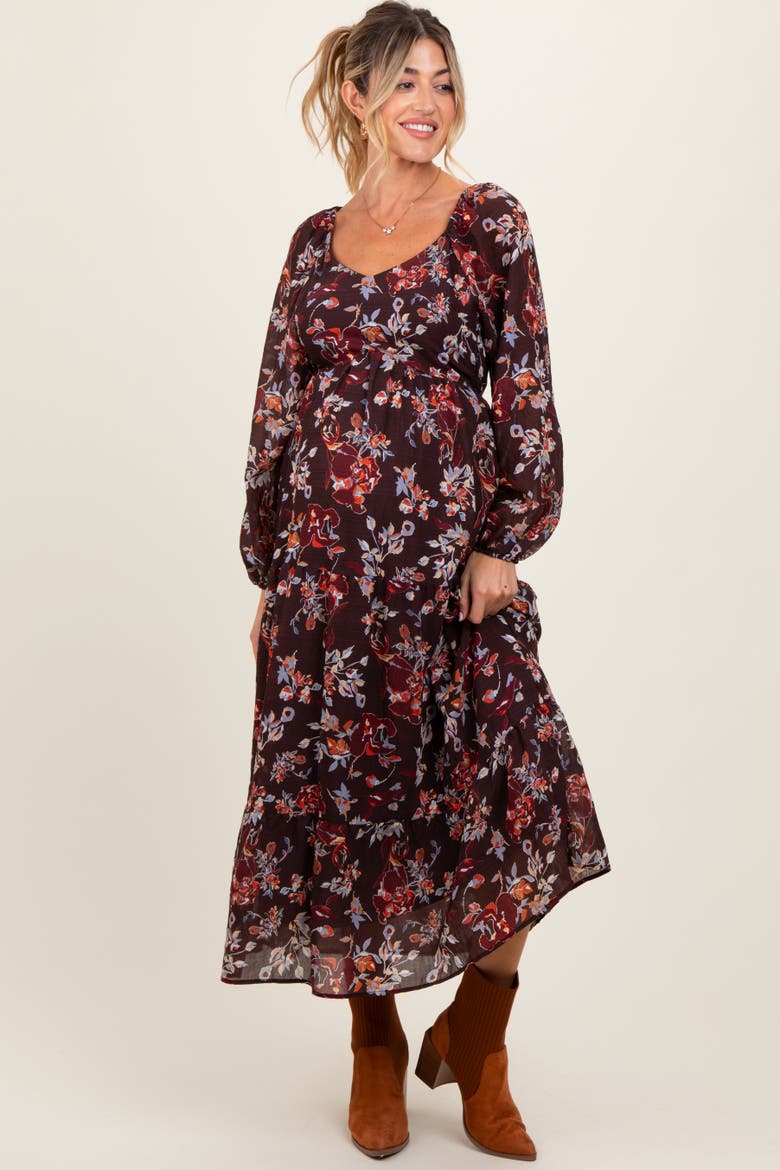 Floral V-Neck Bubble Sleeve Maxi Dress, Main, color, Brown