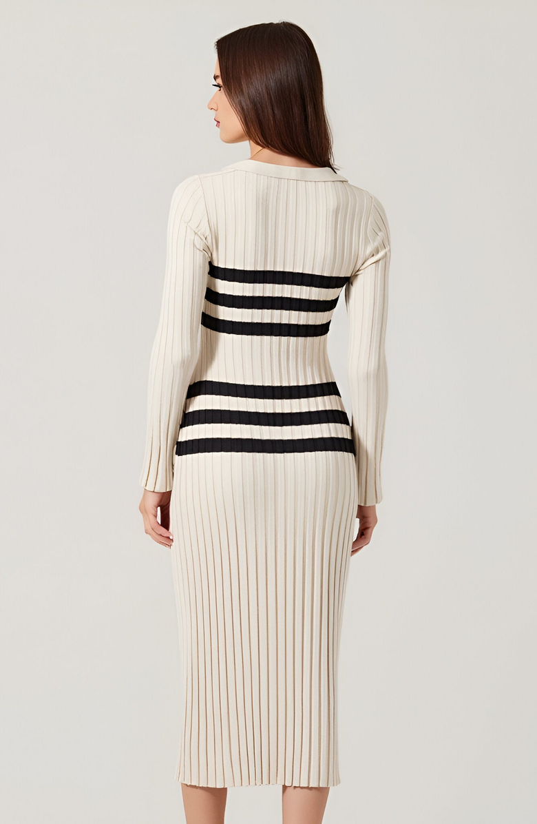 Modenaire Striped Ribbed Knit Midi Dress with Collar and Long Sleeves, Alternate, color, 