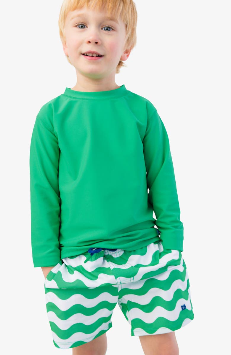 RuggedButts Kids' Wavy Stripe UPF 50+ Swim Trunks, Alternate, color, Green