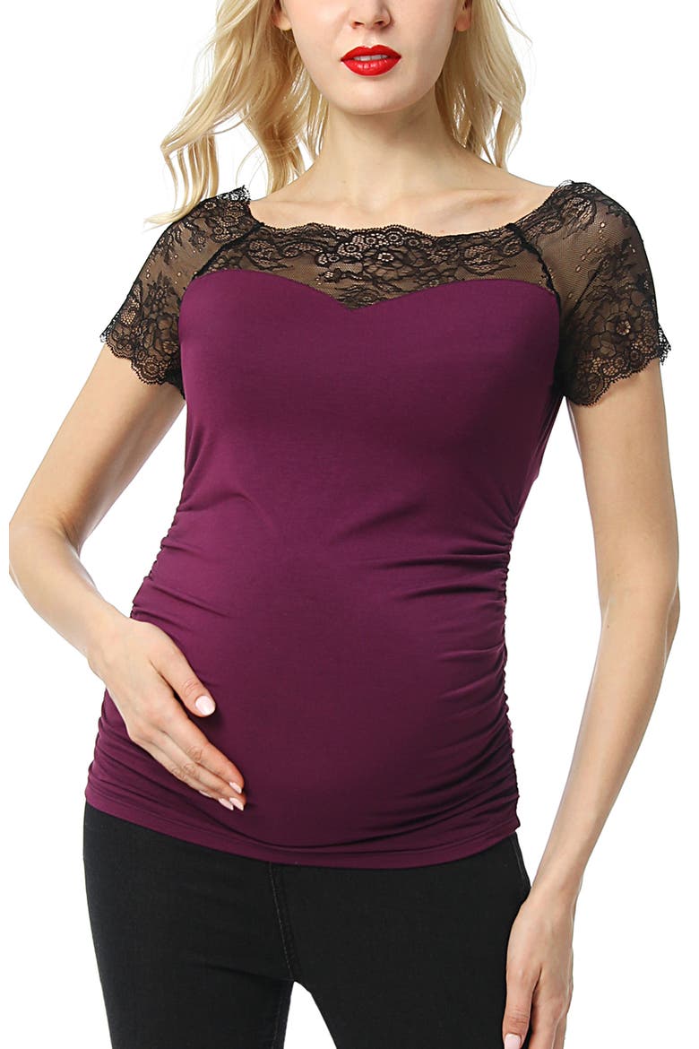 Valerie Lace Shoulder Maternity Ruched Top, Main, color, Deep Berry