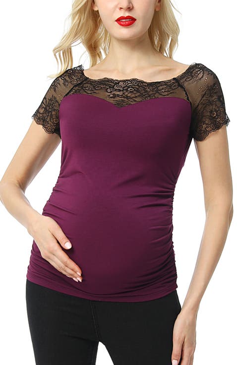 Valerie Lace Shoulder Maternity Ruched Top