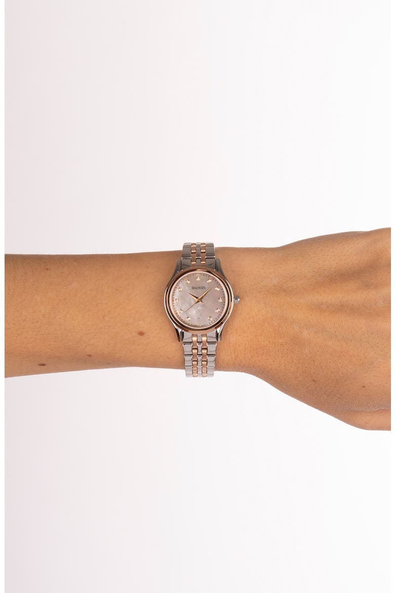 Beleganza Diamond & Mother-of-Pearl Bracelet Watch, 27.5mm, Alternate, color, TWO TONE STEEL ROSE PVD