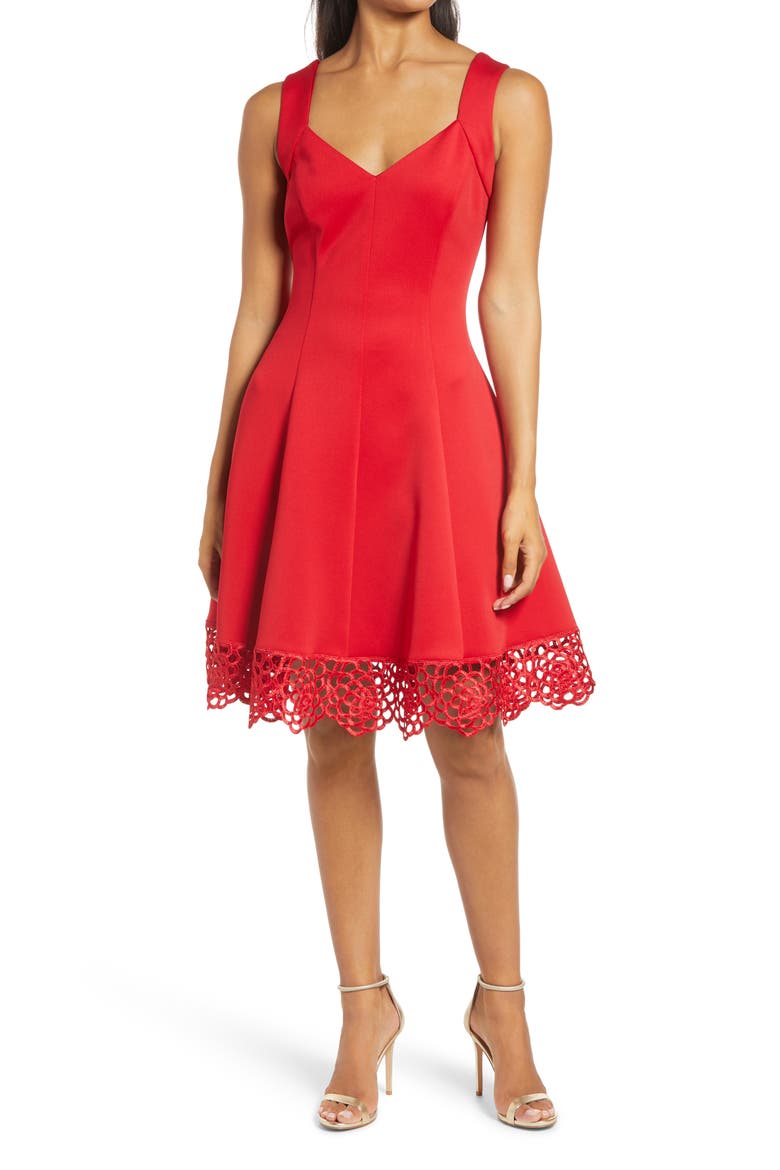 Lace Trim Sweetheart Neck Fit & Flare Dress, Main, color, RED